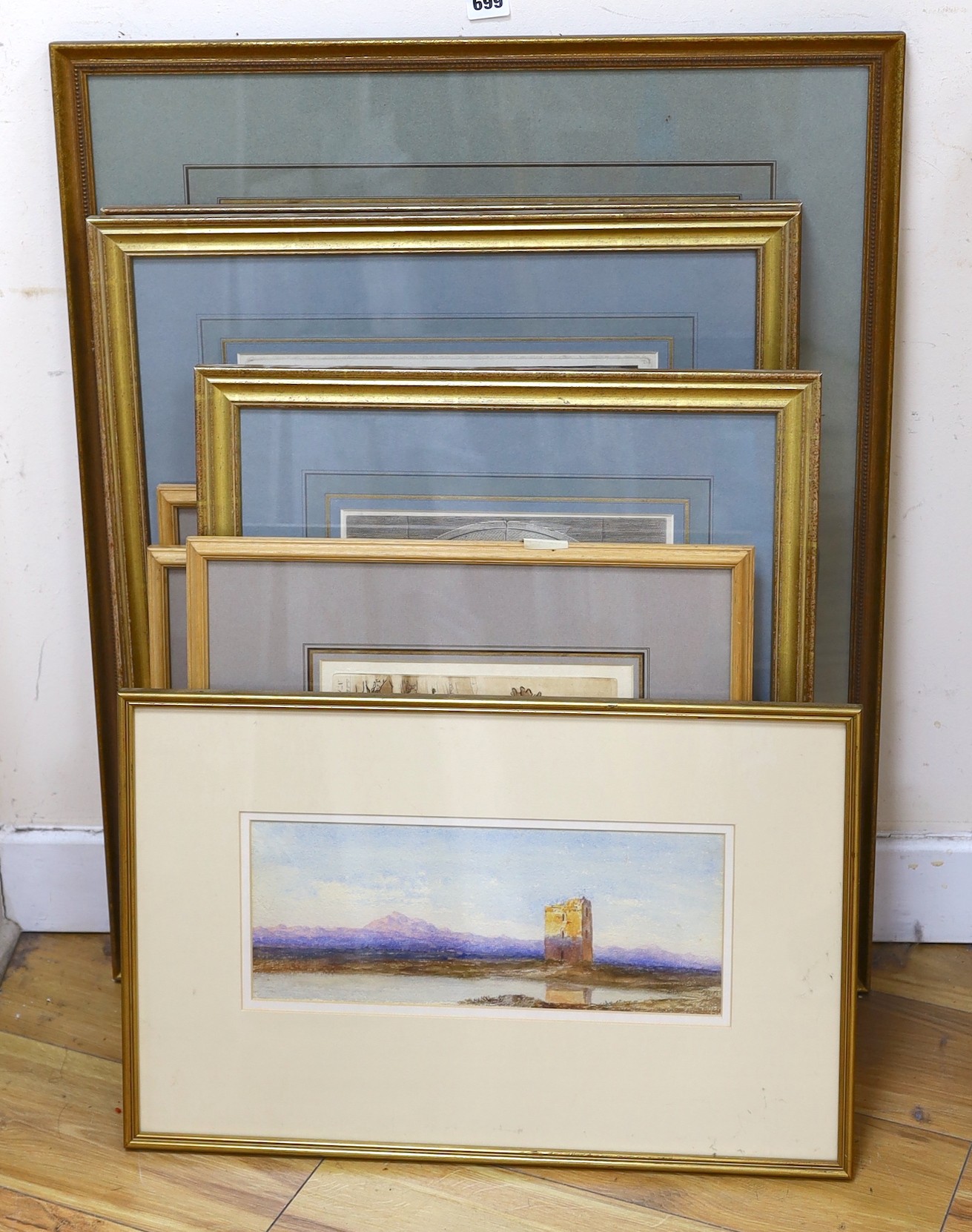 A group of assorted 18th and 19th century engravings including portraits and landscapes, together with a watercolour landscape, 49 x 37cm